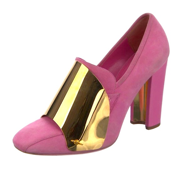 YVES SAINT LAURENT RIVE GAUCHE YSL PINK SUEDE LEATHER & GOLD METAL DETAIL PUMPS - Picture 4 of 4